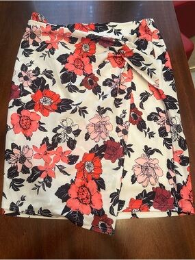Floral Wrap Skirt in Cream with Red, Black and Pink Flowers w/ Twist Drape Front